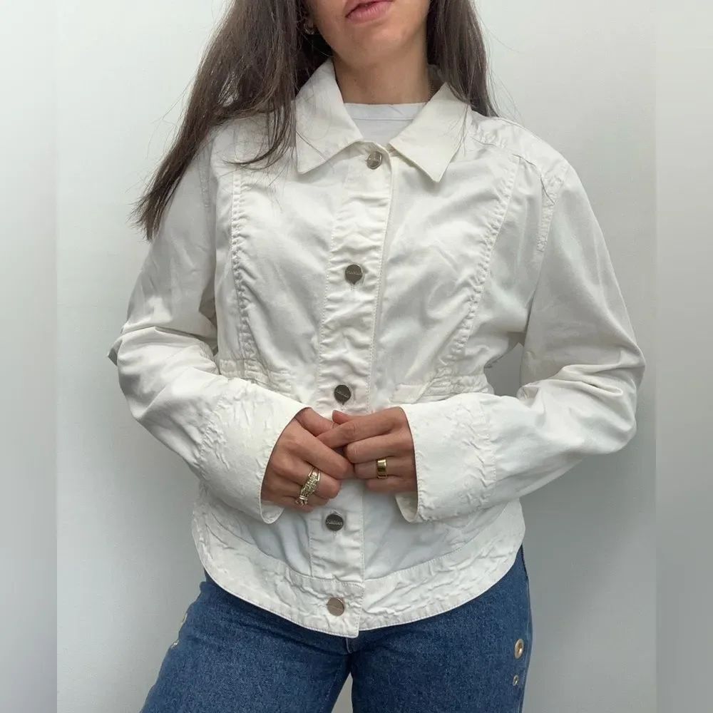 Vintage MaxMara White Cotton Casual Short Jacket Collared Button Front Size M